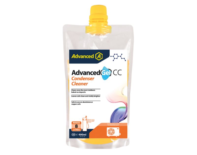 AdvancedGel CC Condenser Cleaner packaging features a 490ml pouch with a yellow cap displaying the product name, a logo with a chemical structure, and key details. The label highlights that it cleans even the most stubborn baked-on deposits, leaves coils  AdvancedGel CC Condenser Cleaner packaging features a 490ml pouch with a yellow cap displaying the product name, a logo with a chemical structure, and key details. The label highlights that it cleans even the most stubborn baked-on deposits, leaves coils