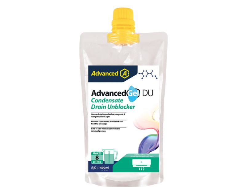 A 490ml pouch of AdvancedGel DU Condensate Drain Unblocker by Aspen Pumps, featuring a yellow cap and a white packet with blue and green text. The label highlights its heavy-duty formula for clearing organic and inorganic blockages, its water-heavier desi