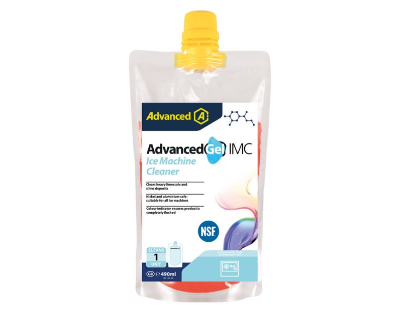 A 490ml AdvancedGel IMC Ice Machine Cleaner pouch with a yellow cap, featuring a transparent body filled with red gel. The label includes the Advanced logo, product name "AdvancedGel IMC Ice Machine Cleaner," and key details: "Clears heavy limescale and s