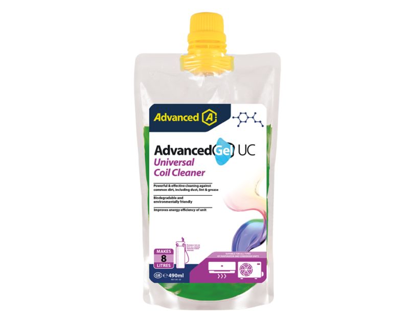 This is an image of AdvancedGel UC Universal Coil Cleaner, a 490ml gel pouch with a yellow cap featuring the Aspen Pumps branding. The label highlights its powerful and effective cleaning against everyday dirt, including dust, lint, and grease, with a bio This is an image of AdvancedGel UC Universal Coil Cleaner, a 490ml gel pouch with a yellow cap featuring the Aspen Pumps branding. The label highlights its powerful and effective cleaning against everyday dirt, including dust, lint, and grease, with a bio