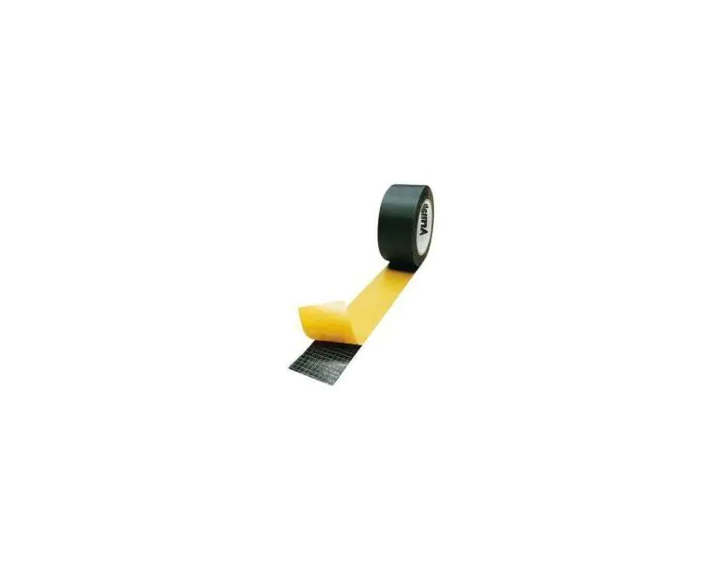 Roll of black Armaflex self-adhesive tape with yellow backing partially unrolled, showing the adhesive side, isolated on a white background. Roll of black Armaflex self-adhesive tape with yellow backing partially unrolled, showing the adhesive side, isolated on a white background.