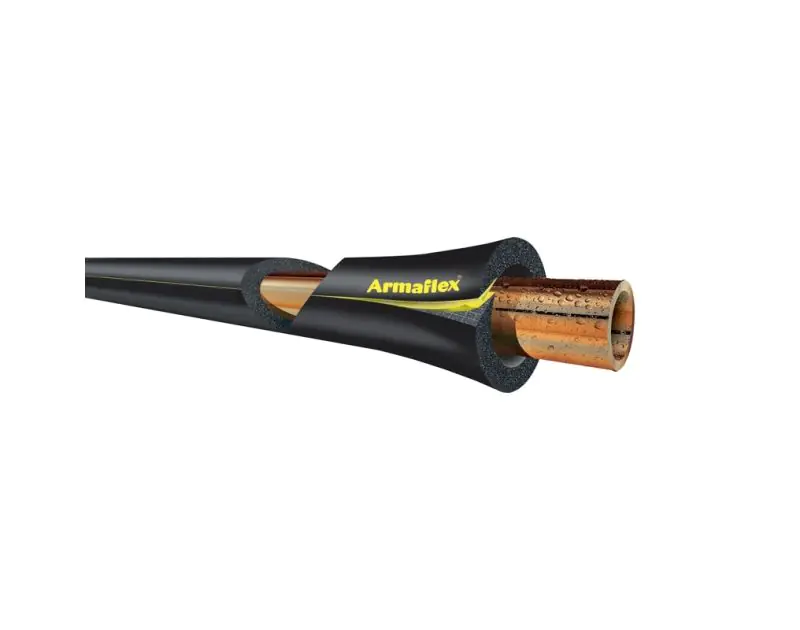 A cross-sectional view of Armaflex pipe insulation on a copper pipe, showing the black nitrile rubber foam core with a yellow "Armaflex" logo. Water droplets on the pipe illustrate condensation control, and the insulation is displayed against a white back