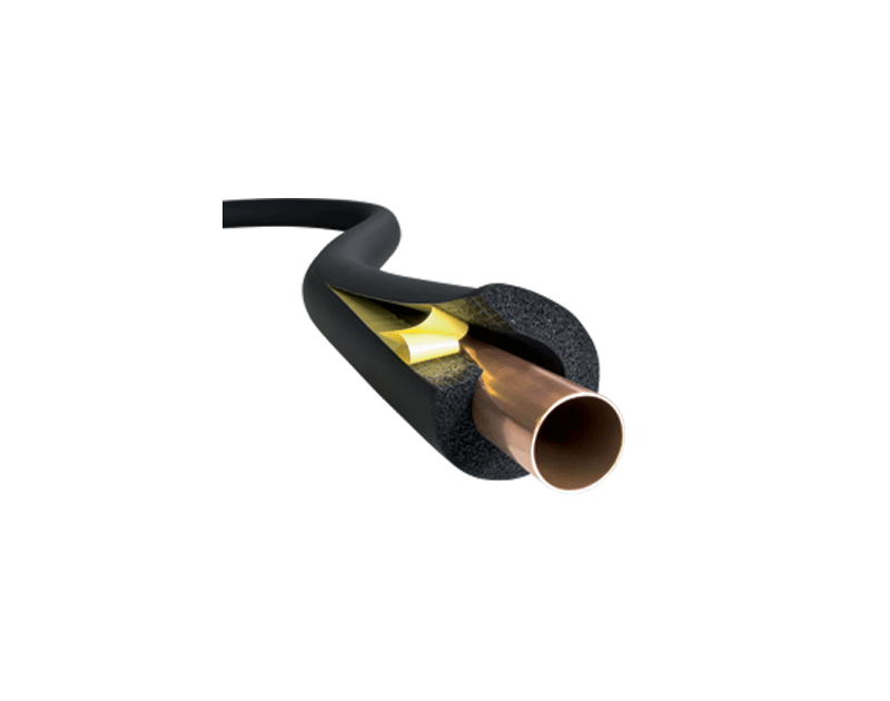 This is a cross-sectional view of Armaflex pipe insulation on a copper pipe, showing the black nitrile rubber foam core with a yellow adhesive lap partially peeled back. The insulation is displayed against a white background, highlighting its flexibility 
