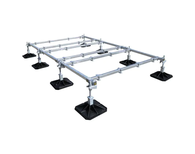 Big Foot B9444 Support System Standard Frame, a 3m x 1.5m metal structure with adjustable legs (290mm to 400mm height) and black square feet for stability, designed to support up to 1200kg of HVAC equipment, shown from a top-down angle, available at airco Big Foot B9444 Support System Standard Frame, a 3m x 1.5m metal structure with adjustable legs (290mm to 400mm height) and black square feet for stability, designed to support up to 1200kg of HVAC equipment, shown from a top-down angle, available at airco