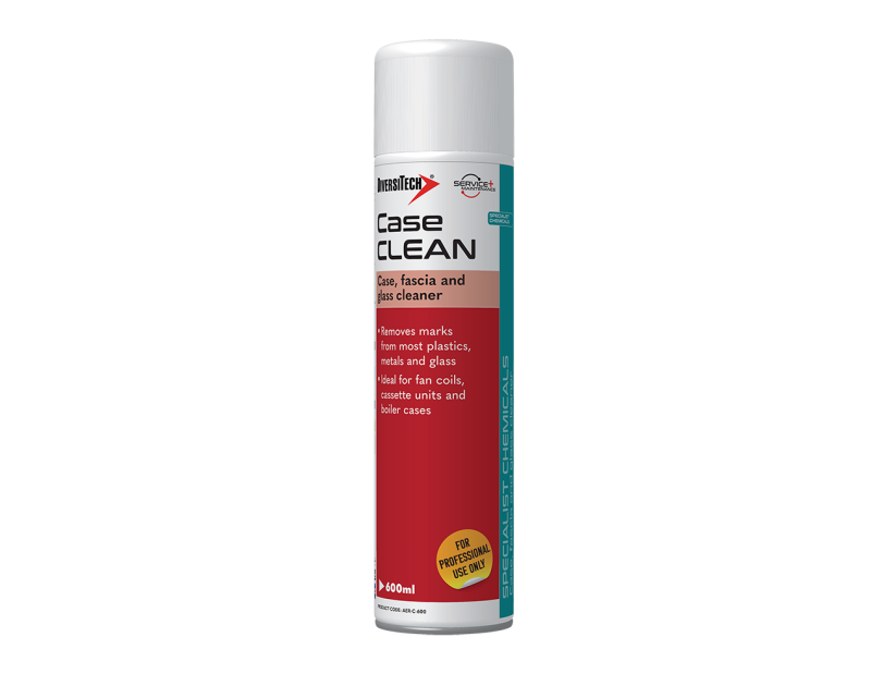 An aerosol can of Case Clean glass and case cleaner, 600ml, with a red label, is designed to remove marks from plastics and glass. It is ideal for fan coils, cassette units, and boiler cases. The can is labelled for professional use only. An aerosol can of Case Clean glass and case cleaner, 600ml, with a red label, is designed to remove marks from plastics and glass. It is ideal for fan coils, cassette units, and boiler cases. The can is labelled for professional use only.