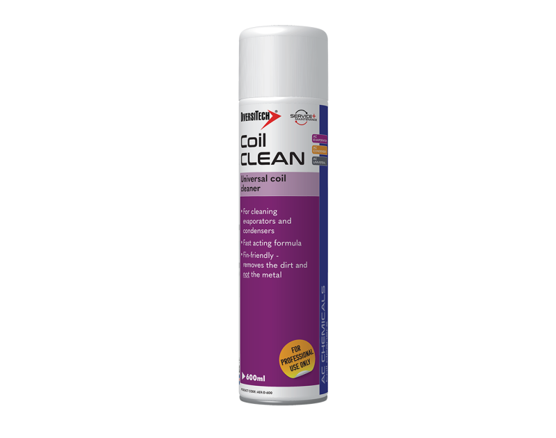 Aerosol can of Coil Clean universal coil cleaner, 600ml, with purple label, designed for cleaning evaporators and condensers, featuring a fast-acting, fin-friendly formula that removes dirt without damaging metal, labeled for professional use only.