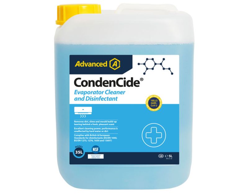 A 5-litre bottle of CondenCide Evaporator Cleaner and Disinfectant by Advanced. The bottle is light blue with a yellow cap. The label features the Advanced logo, a chemical structure image, and text stating it removes dirt, slime, and mould buildup, leavi A 5-litre bottle of CondenCide Evaporator Cleaner and Disinfectant by Advanced. The bottle is light blue with a yellow cap. The label features the Advanced logo, a chemical structure image, and text stating it removes dirt, slime, and mould buildup, leavi