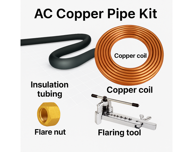 AC Copper Pipe Kit showing a coiled copper pipe, black insulation tubing, a brass flare nut, and a silver flaring tool arranged on a light background with labels for each component. AC Copper Pipe Kit showing a coiled copper pipe, black insulation tubing, a brass flare nut, and a silver flaring tool arranged on a light background with labels for each component.