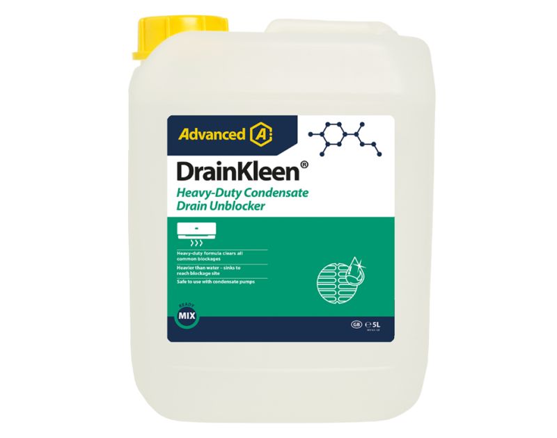 A white 5L plastic container of DrainKleen Heavy-Duty Condensate Drain Unblocker from Advanced. The label features a green and blue design with the product name in bold black text, a molecular structure graphic, and key features: "Heavy-duty formula clear A white 5L plastic container of DrainKleen Heavy-Duty Condensate Drain Unblocker from Advanced. The label features a green and blue design with the product name in bold black text, a molecular structure graphic, and key features: "Heavy-duty formula clear