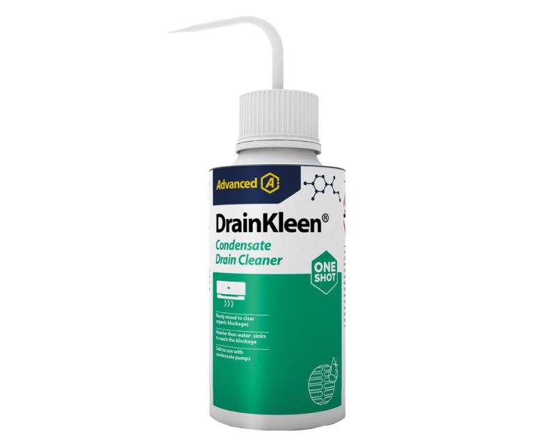 This is a 250ml bottle of DrainKleen One Shot condensate drain cleaner with a swan-neck spout. It features a white cap and a green label. The label includes the Advanced logo, product name "DrainKleen Condensate Drain Cleaner ONE SHOT," and text highlight This is a 250ml bottle of DrainKleen One Shot condensate drain cleaner with a swan-neck spout. It features a white cap and a green label. The label includes the Advanced logo, product name "DrainKleen Condensate Drain Cleaner ONE SHOT," and text highlight