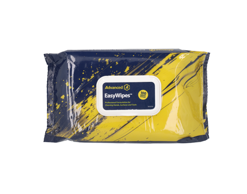 Pack of 100 EasyWipes Advanced Professional Hand and Surface Wipes in a resealable blue and yellow pouch with splash design, labelled for cleaning hands, surfaces, and tools, part number S010151GB-1