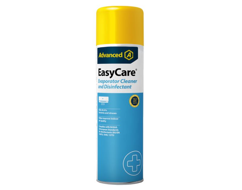 EasyCare 600ml Aerosol Evaporator Cleaner and Disinfectant can with yellow cap and blue label features Advanced Engineering branding. Text highlights that it kills 99.9% of bacteria and viruses, improves indoor air quality, and complies with British and E EasyCare 600ml Aerosol Evaporator Cleaner and Disinfectant can with yellow cap and blue label features Advanced Engineering branding. Text highlights that it kills 99.9% of bacteria and viruses, improves indoor air quality, and complies with British and E