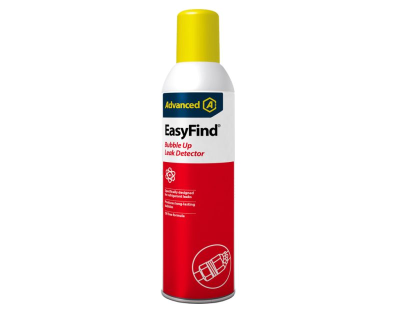 A 400ml aerosol can of EasyFind® Bubble Up Leak Detector by Advanced Engineering Ltd. The can features a red body with a yellow cap, a blue label with the Advanced logo, and text highlighting its use for detecting refrigerant leaks, producing long-lasting A 400ml aerosol can of EasyFind® Bubble Up Leak Detector by Advanced Engineering Ltd. The can features a red body with a yellow cap, a blue label with the Advanced logo, and text highlighting its use for detecting refrigerant leaks, producing long-lasting