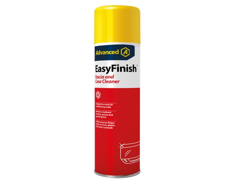 EasyFinish 600ml Aerosol Fascia & Case Cleaner can with yellow cap and red label, featuring Advanced Engineering branding. Text highlights suitability for most air conditioning units, removing nicotine, grease, grime, and finger marks from plastic and met EasyFinish 600ml Aerosol Fascia & Case Cleaner can with yellow cap and red label, featuring Advanced Engineering branding. Text highlights suitability for most air conditioning units, removing nicotine, grease, grime, and finger marks from plastic and met