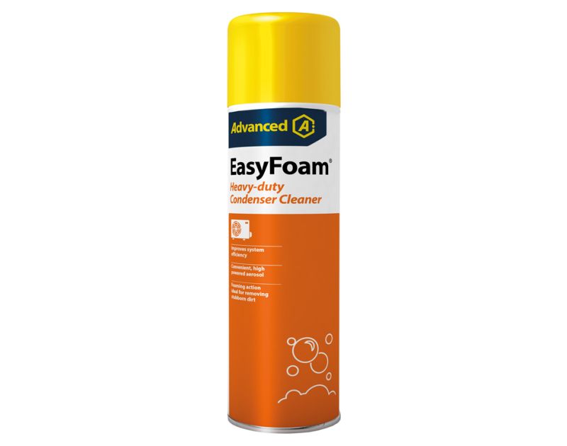 EasyFoam Heavy-Duty Condenser Cleaner 600ml aerosol can with yellow top, orange body, and Advanced logo, featuring foaming action for removing stubborn dirt from condenser coils. EasyFoam Heavy-Duty Condenser Cleaner 600ml aerosol can with yellow top, orange body, and Advanced logo, featuring foaming action for removing stubborn dirt from condenser coils.