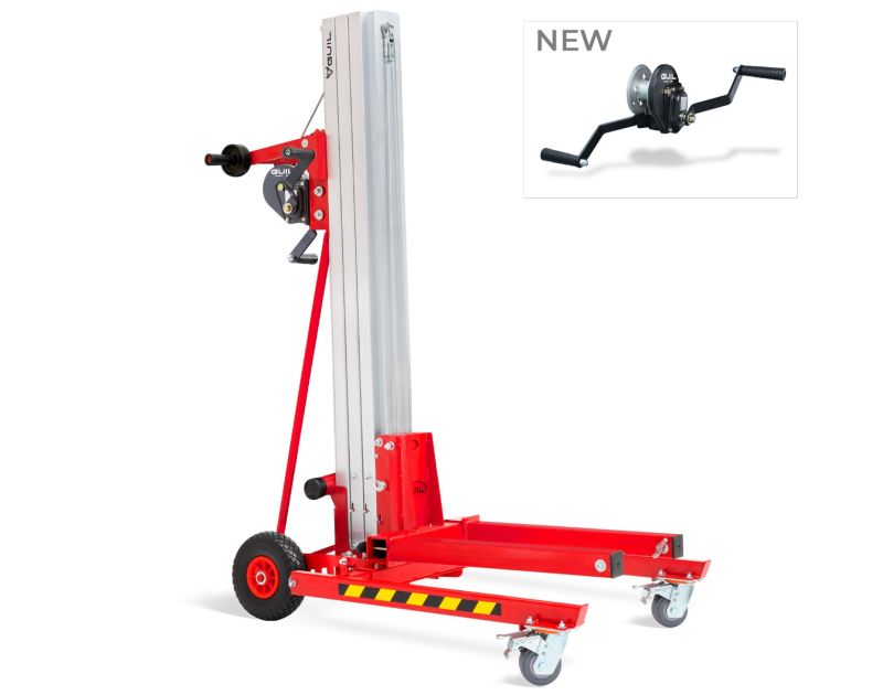 A red GUIL TORO A-102/C Material Lifter with a silver aluminium mast, featuring a hand-crank winch, large non-marring wheels, and stabiliser legs with castors. The lifter has a maximum height of 4.1 meters and a 170 kg load capacity. The inset image shows A red GUIL TORO A-102/C Material Lifter with a silver aluminium mast, featuring a hand-crank winch, large non-marring wheels, and stabiliser legs with castors. The lifter has a maximum height of 4.1 meters and a 170 kg load capacity. The inset image shows