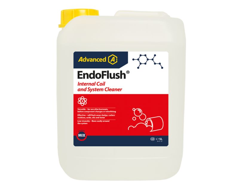 A 5-litre container of EndoFlush Internal Coil and System Cleaner, featuring a white bottle with a yellow cap. The label includes the brand "Advanced" with a chemical structure graphic, and a red section highlighting the product name "EndoFlush Internal C