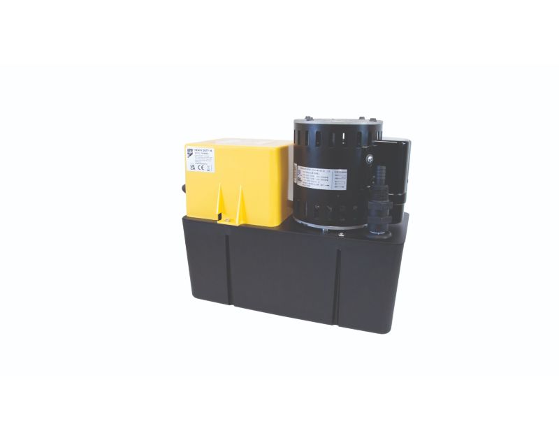 The image shows the Aspen Heavy Duty 10 Tank Pump (FP2066), a robust condensate removal pump. The pump features a black base unit with a 4-litre tank capacity, a cylindrical motor component on top, and a yellow control box with labels indicating "Aspen Pu The image shows the Aspen Heavy Duty 10 Tank Pump (FP2066), a robust condensate removal pump. The pump features a black base unit with a 4-litre tank capacity, a cylindrical motor component on top, and a yellow control box with labels indicating "Aspen Pu