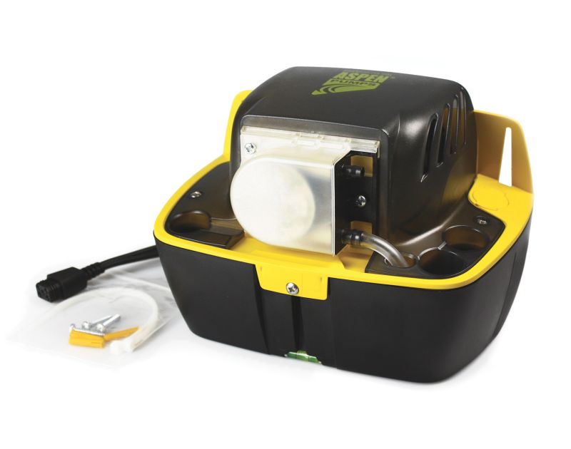 Aspen Hi-Lift 2L Tank Pump (FP2071/2) in black and yellow, featuring a peristaltic design with a transparent tank, built-in spirit level, and included accessories like a power cable and mounting kit, designed for HVAC condensate removal. Aspen Hi-Lift 2L Tank Pump (FP2071/2) in black and yellow, featuring a peristaltic design with a transparent tank, built-in spirit level, and included accessories like a power cable and mounting kit, designed for HVAC condensate removal.