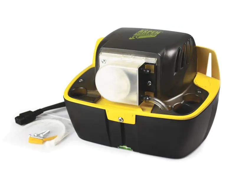 Aspen Hi-Lift 2L Tank Pump (FP2071/2) in black and yellow, featuring a peristaltic design with a transparent tank, built-in spirit level, and included accessories like a power cable and mounting kit, designed for HVAC condensate removal.