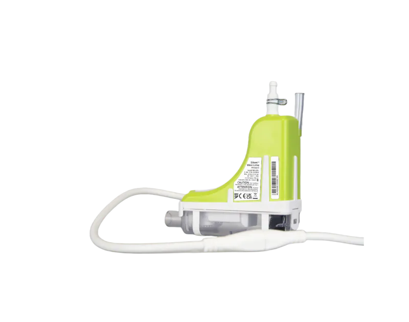 Silent+ Mini Lime Condensate Pump by Aspen Pumps, featuring a green and white elbow design with attached tubing, displayed on a light grey background.