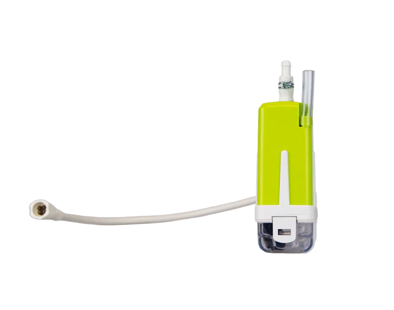 Silent+ Mini Lime Condensate Pump by Aspen Pumps, featuring a green and white elbow design with attached tubing, displayed on a black background, viewed from the front.