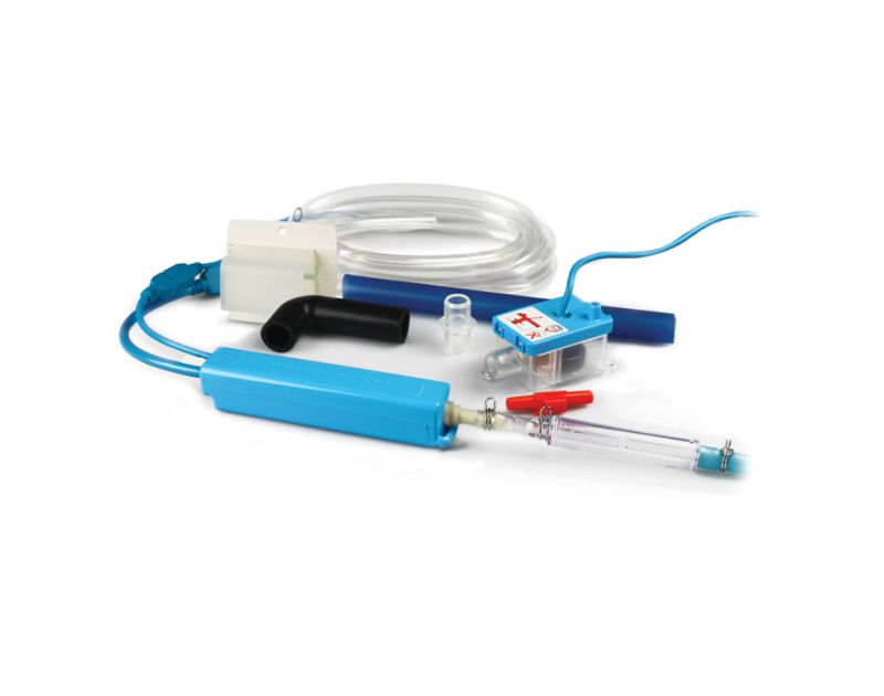 A Silent+ Mini Aqua Pump kit, including a slim blue pump body, a clear reservoir with a float, and a blue power cable with a connector. The kit also contains a transparent hose with metal clamps, a coiled clear tube, a black elbow connector, red and clear