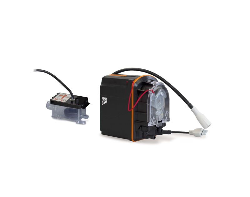 Aspen Pumps Peri Pro+ peristaltic condensate pump for HVAC systems, shown with black pump unit, clear tubing, orange accents, mounting bracket, and connected cables on a white background. Aspen Pumps Peri Pro+ peristaltic condensate pump for HVAC systems, shown with black pump unit, clear tubing, orange accents, mounting bracket, and connected cables on a white background.