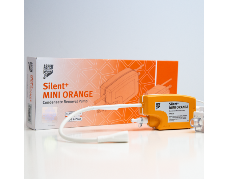 This is an image of the Silent+ Mini Orange Condensate Removal Pump (FP3430) by Aspen Pumps, featuring an orange pump unit with a white power cord and tubing, placed next to its orange and white packaging box labelled "Silent+ MINI ORANGE Condensate Remov This is an image of the Silent+ Mini Orange Condensate Removal Pump (FP3430) by Aspen Pumps, featuring an orange pump unit with a white power cord and tubing, placed next to its orange and white packaging box labelled "Silent+ MINI ORANGE Condensate Remov