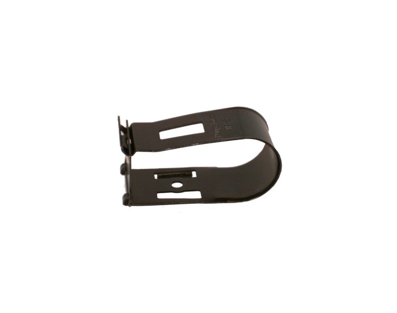 A close-up view of the DiversiTech TRH-3 Threaded Rod Hanger, showcasing its black zinc-coated spring steel design. The hanger features a curved clamp with a rectangular cutout and small circular holes, ready to secure insulated copper pipes to M8 or M10 