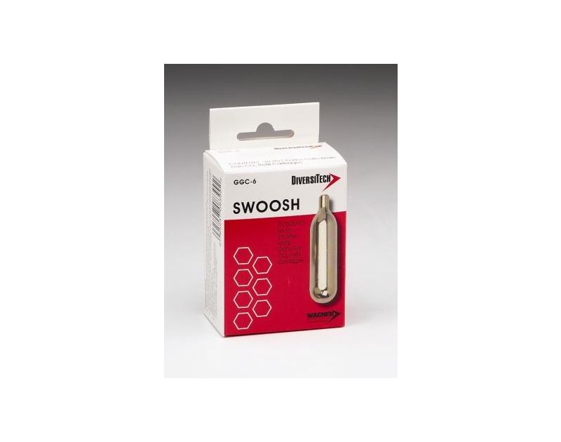 This is a packaging box for DiversiTech Swoosh DrainGun CO2 Refill Cartridges (GGC-12, pack of 12). The box features a white and beige design with a red swirl graphic, the product name 'Swoosh DrainGun CO2 Refill Cartridges,' and an image of a single gold