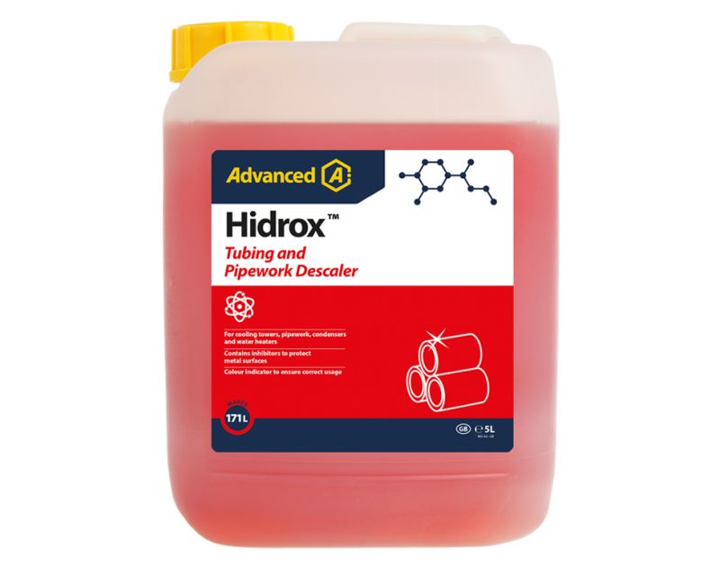 A 5L container of Hidrox Tubing and Pipework Descaler, a red liquid solution with a yellow cap, featuring a label with the Advanced logo, product name, and details about its use for cooling towers, pipework, and condensers, including corrosion inhibitors  A 5L container of Hidrox Tubing and Pipework Descaler, a red liquid solution with a yellow cap, featuring a label with the Advanced logo, product name, and details about its use for cooling towers, pipework, and condensers, including corrosion inhibitors