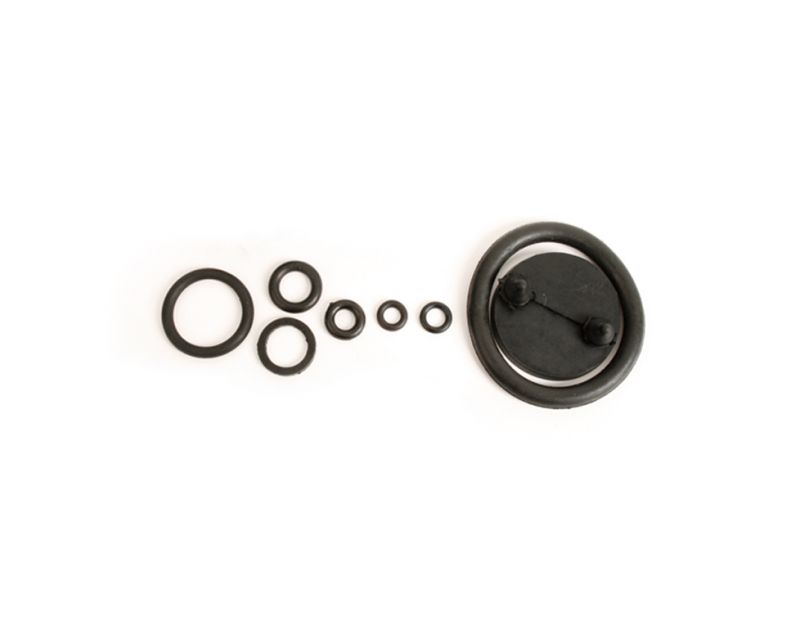 The components of the Aspen Pumps HydroSprayer S010138 Replacement Seal Kit, including various black rubber O-rings and a larger seal assembly with two protruding parts, are displayed on a white background. The components of the Aspen Pumps HydroSprayer S010138 Replacement Seal Kit, including various black rubber O-rings and a larger seal assembly with two protruding parts, are displayed on a white background.