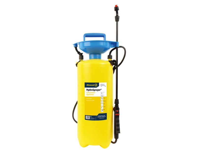 A yellow 8L Aspen HydroSprayer with a blue funnel top, black hose, and lance with a red nozzle. The label on the tank reads "Advanced HydroSprayer Coil Cleaner Applicator" with usage icons and a note for use with coil cleaning chemicals. A yellow 8L Aspen HydroSprayer with a blue funnel top, black hose, and lance with a red nozzle. The label on the tank reads "Advanced HydroSprayer Coil Cleaner Applicator" with usage icons and a note for use with coil cleaning chemicals.