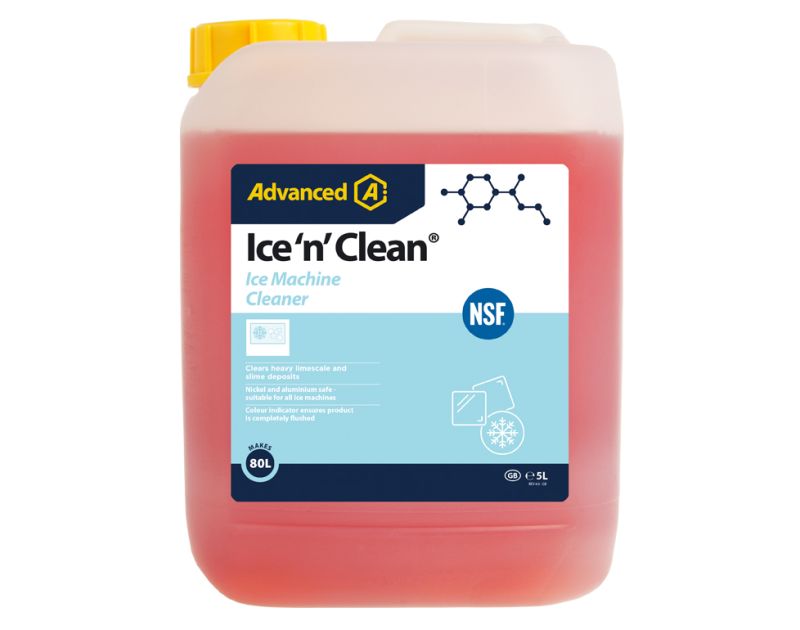 A 5L bottle of Ice 'n' Clean Ice Machine Cleaner by Advanced Engineering, featuring a yellow cap and a label with the product name, NSF certification logo, and key features: clears heavy limescale and slime, nickel and aluminium safe, and includes a colou A 5L bottle of Ice 'n' Clean Ice Machine Cleaner by Advanced Engineering, featuring a yellow cap and a label with the product name, NSF certification logo, and key features: clears heavy limescale and slime, nickel and aluminium safe, and includes a colou