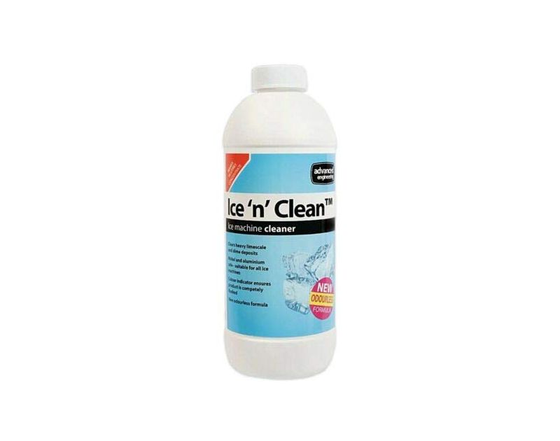 A 1L bottle of Ice 'n' Clean ice machine cleaner by Aspen Pumps, featuring a white and blue label with orange and black accents. The label highlights its ability to remove limescale and slime, compatibility with nickel and aluminium, and a colour indicato