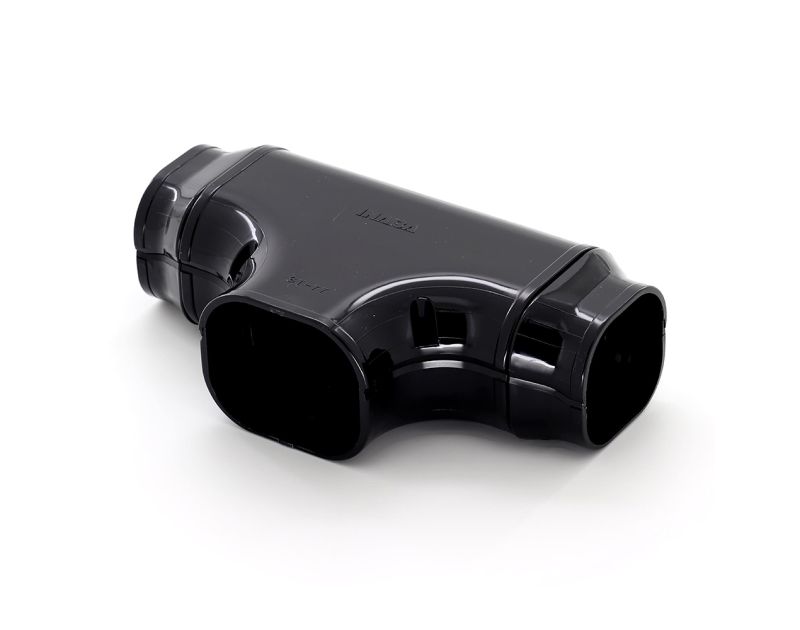 Inaba Denko Slimduct T Joint 100mm in black (ID-ST-100-K), a durable, UV-resistant component for air conditioning pipework, shown against a white background. Inaba Denko Slimduct T Joint 100mm in black (ID-ST-100-K), a durable, UV-resistant component for air conditioning pipework, shown against a white background.