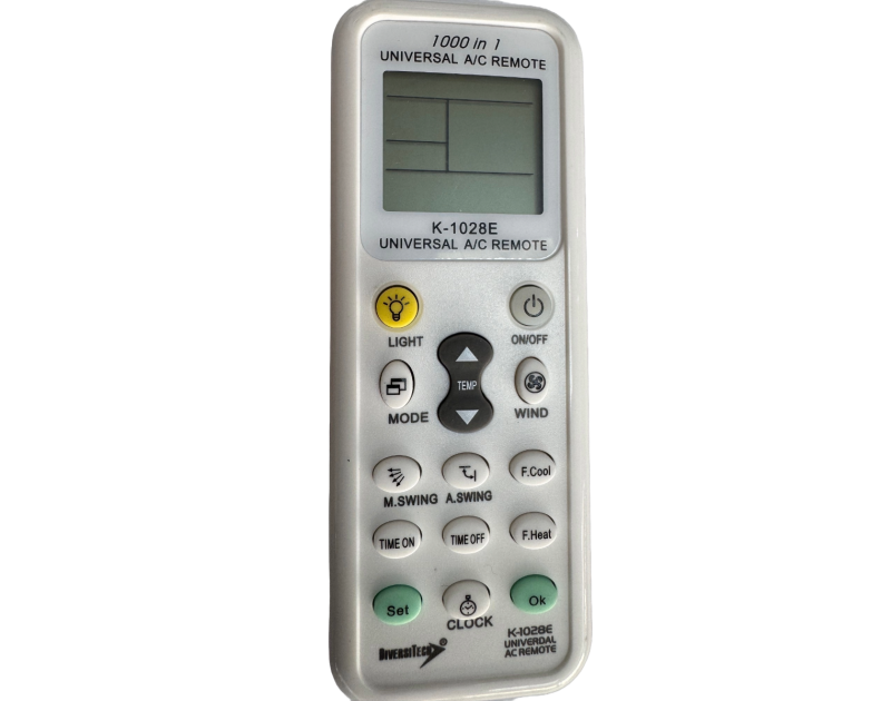 K-1028E Universal Air Conditioner Remote Control with LCD display, buttons for mode, temp, swing, timer, and light, compatible with Daikin, Samsung, LG, by DiversiTech. K-1028E Universal Air Conditioner Remote Control with LCD display, buttons for mode, temp, swing, timer, and light, compatible with Daikin, Samsung, LG, by DiversiTech.