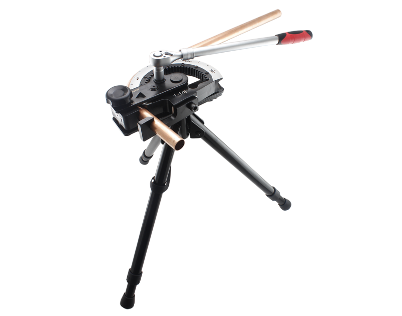 The image shows the Imperial IMP-270-18 GearBender, a tube-bending tool mounted on a tripod. The bender is holding a copper tube, with its ratchet wrench attached for operation. The tool is labelled for 1-1/8" O.D. tubing and features a gear mechanism for The image shows the Imperial IMP-270-18 GearBender, a tube-bending tool mounted on a tripod. The bender is holding a copper tube, with its ratchet wrench attached for operation. The tool is labelled for 1-1/8" O.D. tubing and features a gear mechanism for