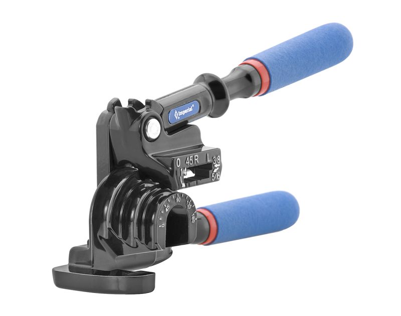 Imperial 470-FH Triple Head 180° Tube Bender with Roto-Lok™ Indexing Handle, featuring a black die-cast aluminium body, blue cushion grips, and calibrated markings for 3/16”, 1/4”, 5/16”, and 3/8” tubing.