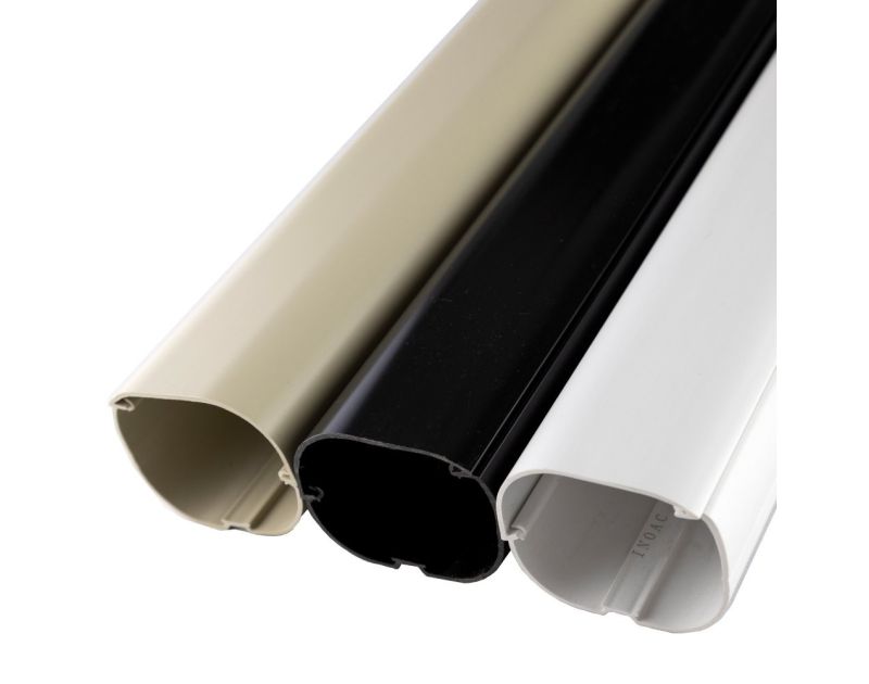 A close-up product image showcasing three parallel samples of Inoac CD Straight Duct in different colours: ivory (beige), black, and white. Each semi-circular trunking piece is positioned horizontally against a plain white background, highlighting its fle A close-up product image showcasing three parallel samples of Inoac CD Straight Duct in different colours: ivory (beige), black, and white. Each semi-circular trunking piece is positioned horizontally against a plain white background, highlighting its fle