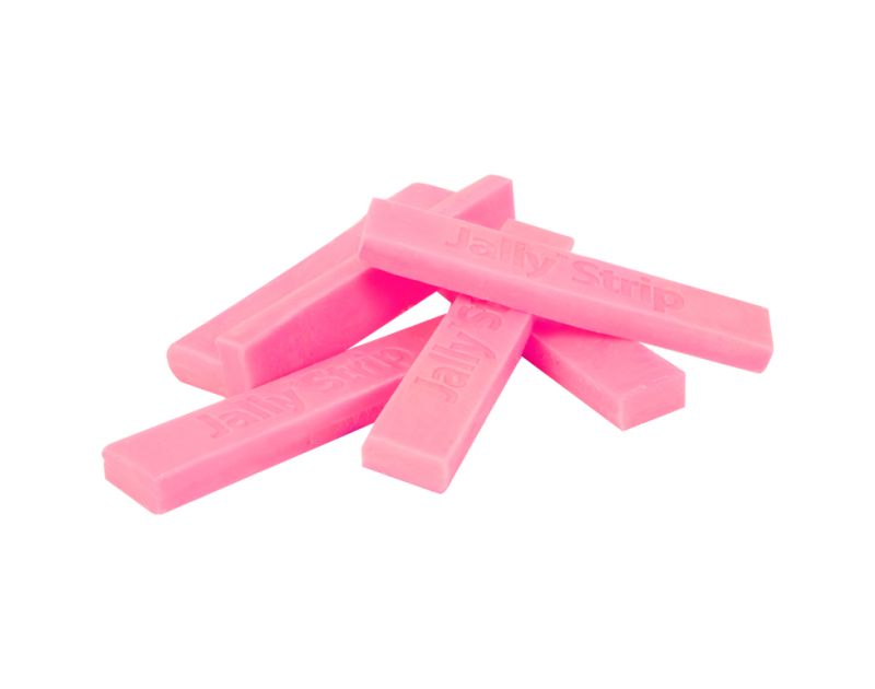 A collection of six pink Jally Strips, each labelled "JALLY STRIP," arranged in a slightly overlapping pile against a white background. These strips are designed for microbial control in condensate air conditioning and refrigeration system trays. A collection of six pink Jally Strips, each labelled "JALLY STRIP," arranged in a slightly overlapping pile against a white background. These strips are designed for microbial control in condensate air conditioning and refrigeration system trays.