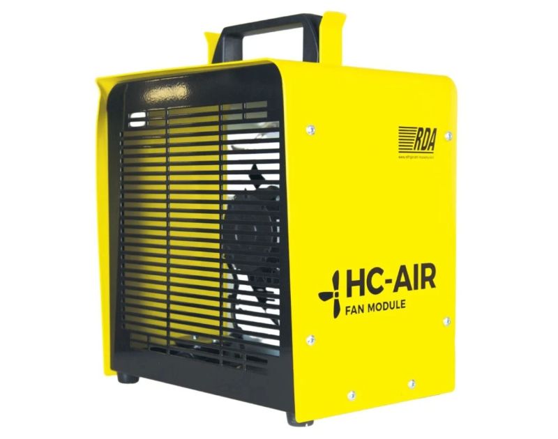 A yellow JAVAC Care-Air 2 Fan Module with a black handle and grilles on the front and side. The text "HC-AIR FAN MODULE" is printed on the side. The device is designed for safe hydrocarbon refrigerant transfer in HVAC/R applications.