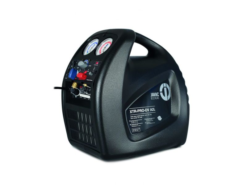 Black JAVAC Edge XTR-PRO-DV 4ZL vacuum pump against a white background. The rectangular device features rounded edges, a sturdy top handle, and a front panel with two circular gauges displaying pressure levels. Below the gauges are blue and red valve knob Black JAVAC Edge XTR-PRO-DV 4ZL vacuum pump against a white background. The rectangular device features rounded edges, a sturdy top handle, and a front panel with two circular gauges displaying pressure levels. Below the gauges are blue and red valve knob