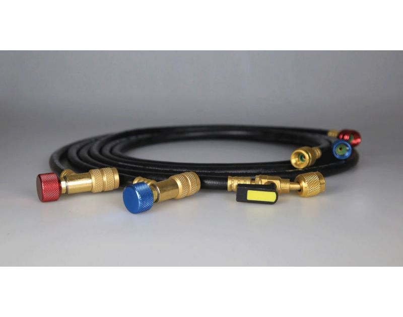 Image of JAV-1072 R410A/R32 Safe Seal Charging Hoses, featuring a black hose with multiple brass fittings and colored caps (red, blue, yellow, and green) for different refrigerant connections, laid out on a plain background. Image of JAV-1072 R410A/R32 Safe Seal Charging Hoses, featuring a black hose with multiple brass fittings and colored caps (red, blue, yellow, and green) for different refrigerant connections, laid out on a plain background.