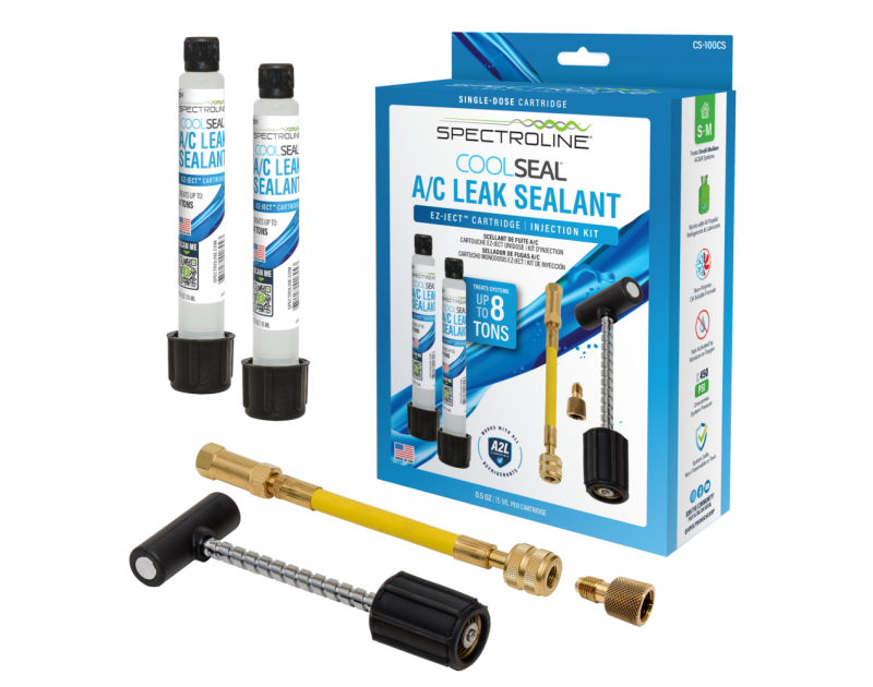 Javac Cool Seal EZ-Ject Injection Kit (JAV-1106) package and components on a black background. The kit includes two Spectroline Cool Seal A/C Leak Sealant cartridges (0.5 oz/15 ml each), an EZ-Ject injector with a hose and check valve, and additional fitt Javac Cool Seal EZ-Ject Injection Kit (JAV-1106) package and components on a black background. The kit includes two Spectroline Cool Seal A/C Leak Sealant cartridges (0.5 oz/15 ml each), an EZ-Ject injector with a hose and check valve, and additional fitt