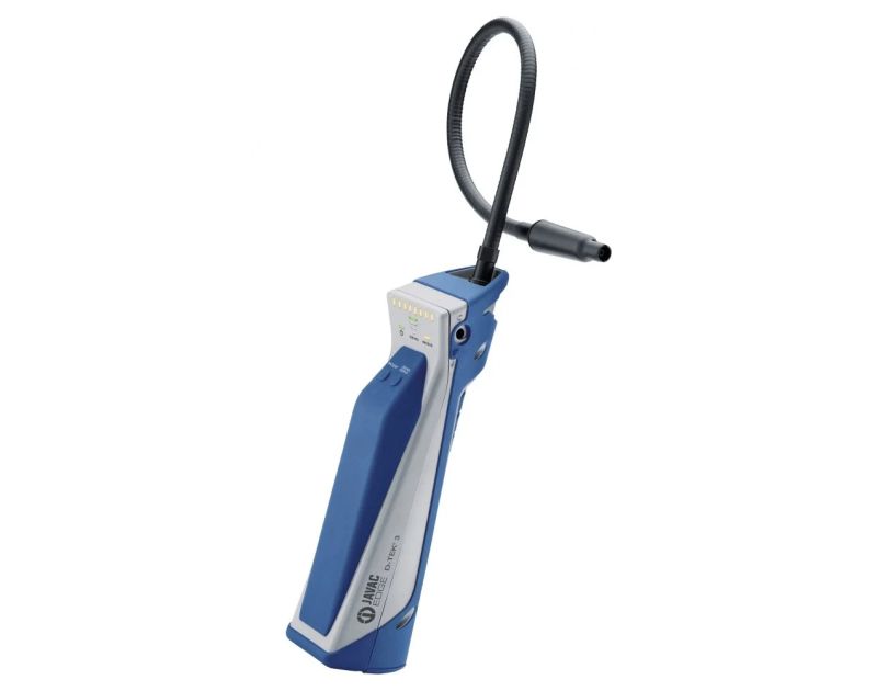 Javac D-TEK 3 Refrigerant Leak Detector (721-202-G21) with a blue and white ergonomic design, featuring a flexible black probe, LED indicators, and buttons for operation. Javac D-TEK 3 Refrigerant Leak Detector (721-202-G21) with a blue and white ergonomic design, featuring a flexible black probe, LED indicators, and buttons for operation.