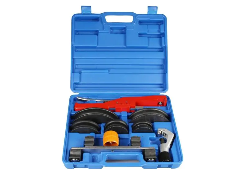 A blue plastic carrying case containing the JAVAC Crossbow Bender kit, including a red ratchet hand-held bender, black bending formers, an orange pipe cutter, and other accessories for soft copper tubes (3/8” to 7/8” O.D.), ideal for air conditioning and A blue plastic carrying case containing the JAVAC Crossbow Bender kit, including a red ratchet hand-held bender, black bending formers, an orange pipe cutter, and other accessories for soft copper tubes (3/8” to 7/8” O.D.), ideal for air conditioning and