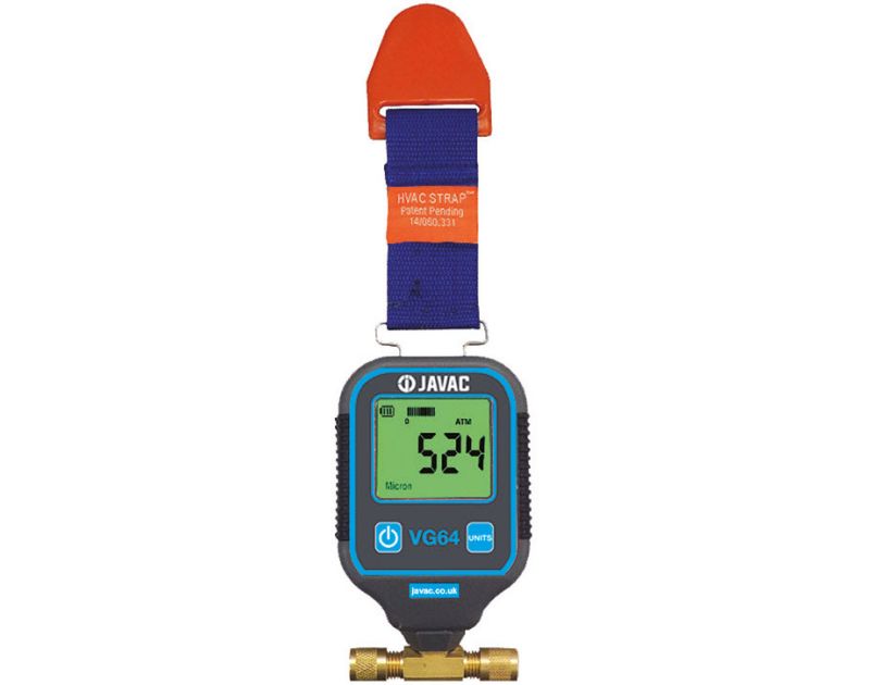 A JAVAC VG64 digital vacuum gauge displaying a reading of 524 microns on a green backlit screen, featuring a blue and black casing with "javac.co.uk" branding. The gauge includes a power button and units selector, with a blue magnetic HVAC strap labelled A JAVAC VG64 digital vacuum gauge displaying a reading of 524 microns on a green backlit screen, featuring a blue and black casing with "javac.co.uk" branding. The gauge includes a power button and units selector, with a blue magnetic HVAC strap labelled