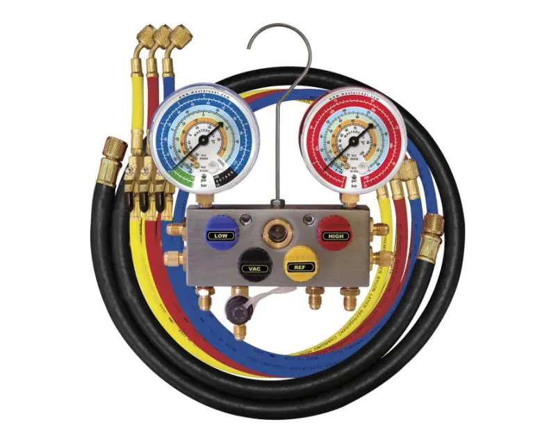 Mastercool 4 Way Manifold Set R134a R404A R407C R507A R22 Including Hoses and Ball Valves. Mastercool 4 Way Manifold Set R134a R404A R407C R507A R22 Including Hoses and Ball Valves.